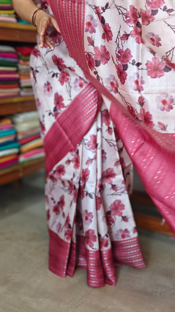 Dark Pink and Off White Printed Tussar silk Saree - HSN4
