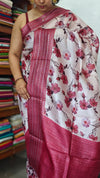 Dark Pink and Off White Printed Tussar silk Saree - HSN4