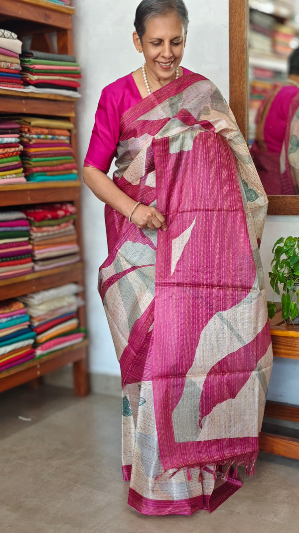 Pink and Cream Abstract Printed Tussar Silk Saree - HSN4