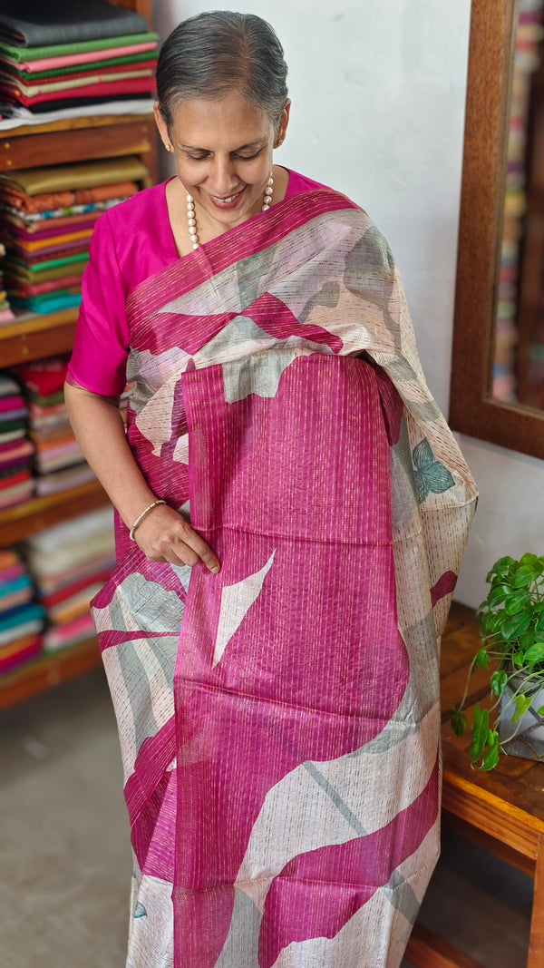 Pink and Cream Abstract Printed Tussar Silk Saree - HSN4