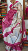 Pink and Cream Abstract Printed Tussar Silk Saree - HSN4