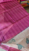 Pink and Cream Abstract Printed Tussar Silk Saree - HSN4