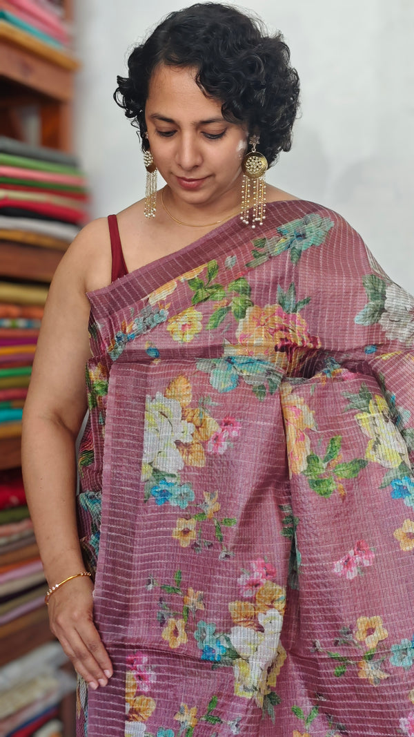 Mauve Printed Tussar Silk Saree - HSN4
