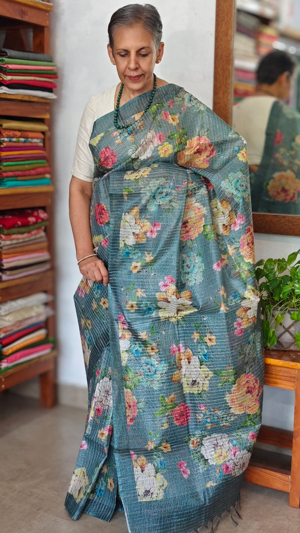 Dark Teal Floral Printed Tussar Silk Saree - HSN4