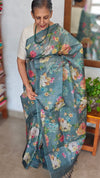 Dark Teal Floral Printed Tussar Silk Saree - HSN4