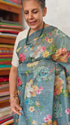 Dark Teal Floral Printed Tussar Silk Saree - HSN4