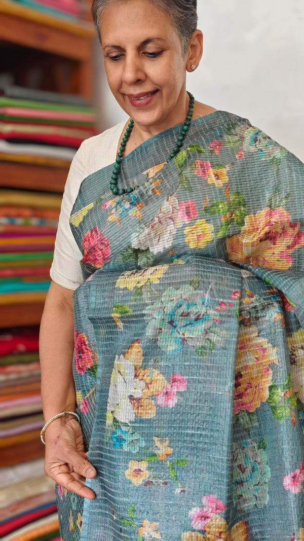 Dark Teal Floral Printed Tussar Silk Saree - HSN4
