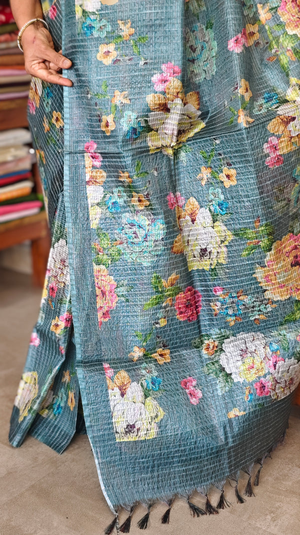 Dark Teal Floral Printed Tussar Silk Saree - HSN4