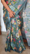 Dark Teal Floral Printed Tussar Silk Saree - HSN4