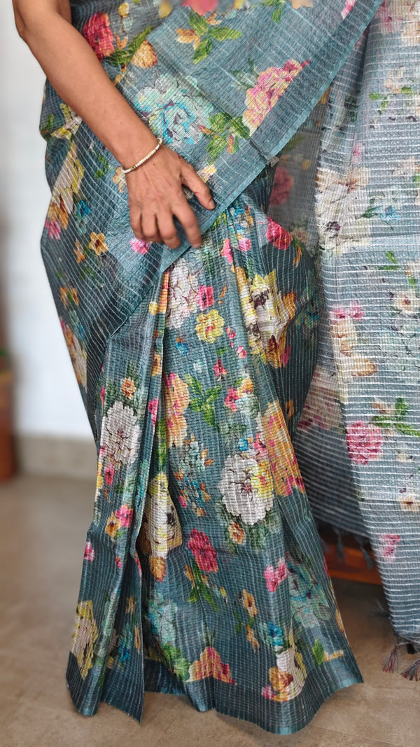 Dark Teal Floral Printed Tussar Silk Saree - HSN4