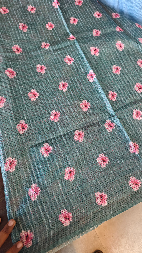 Dark Teal Floral Printed Tussar Silk Saree - HSN4