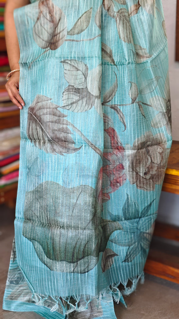Faded Turquoise Floral Printed Tussar Silk Saree - HSN4