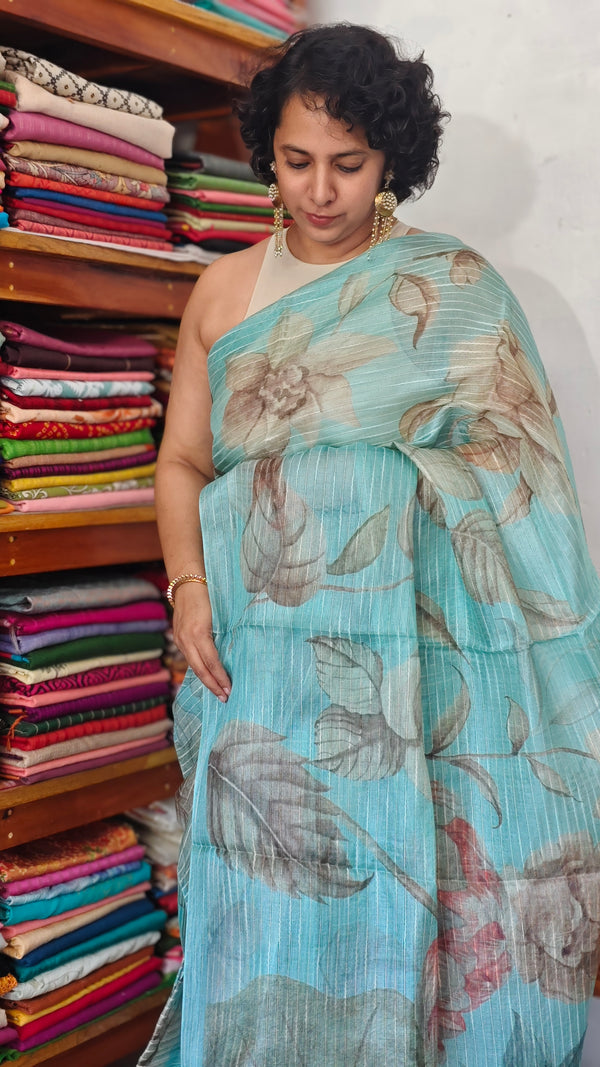 Faded Turquoise Floral Printed Tussar Silk Saree - HSN4