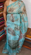 Faded Turquoise Floral Printed Tussar Silk Saree - HSN4