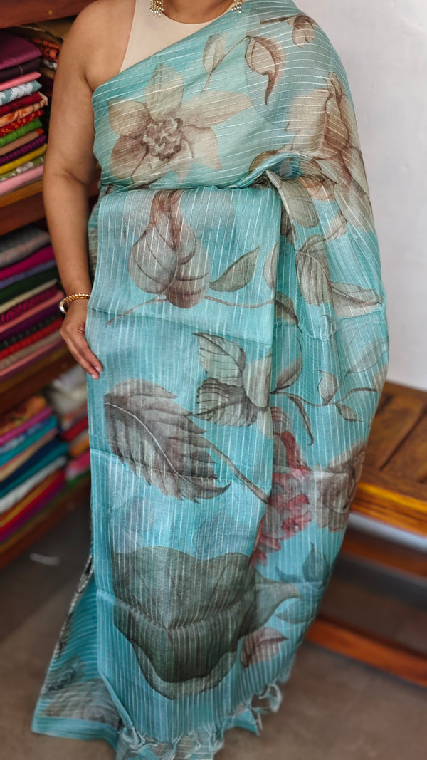 Faded Turquoise Floral Printed Tussar Silk Saree - HSN4