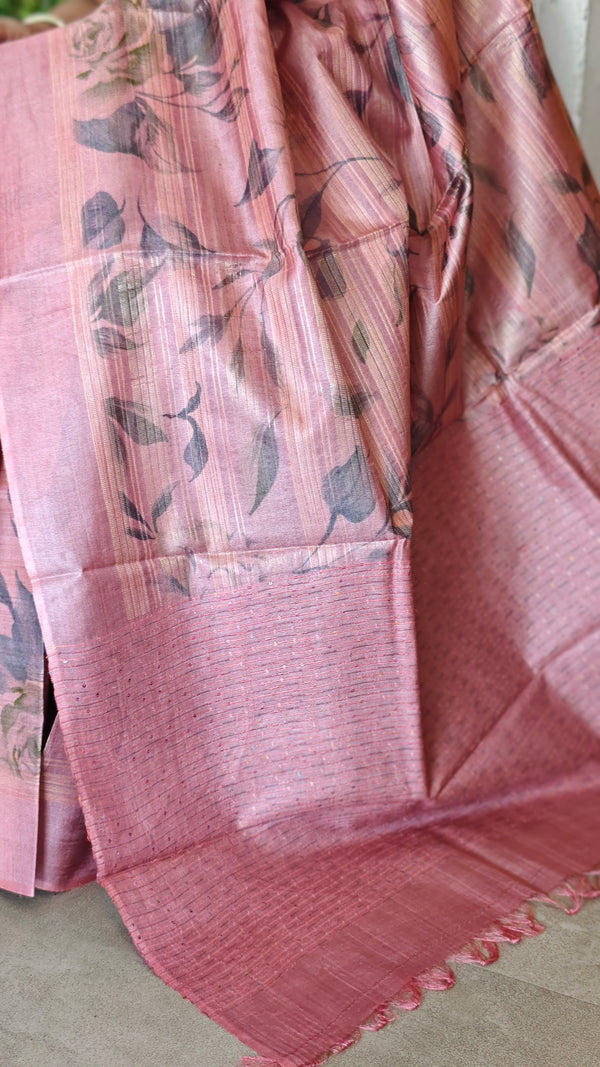 Blush Pink Floral Printed Tussar Silk Saree - HSN4