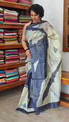 Navy Blue and Cream Abstract Printed Tussar Silk Saree - HSN4