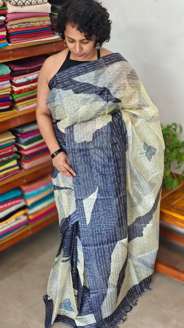 Navy Blue and Cream Abstract Printed Tussar Silk Saree - HSN4