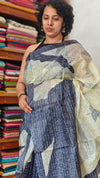 Navy Blue and Cream Abstract Printed Tussar Silk Saree - HSN4