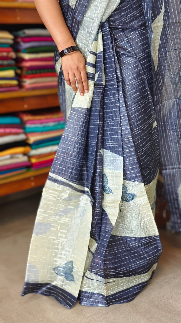 Navy Blue and Cream Abstract Printed Tussar Silk Saree - HSN4