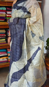 Navy Blue and Cream Abstract Printed Tussar Silk Saree - HSN4