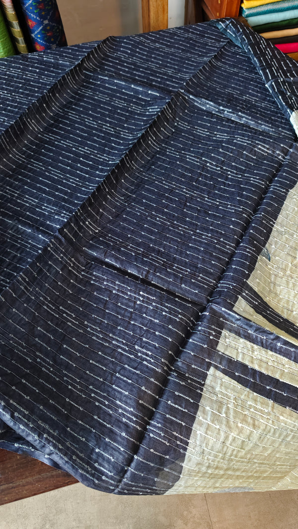 Navy Blue and Cream Abstract Printed Tussar Silk Saree - HSN4