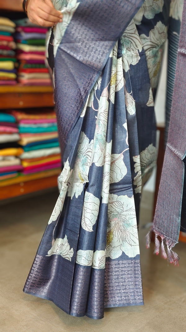 Dark Grey Floral Printed Tussar Silk Saree - HSN4