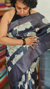 Dark Grey Floral Printed Tussar Silk Saree - HSN4