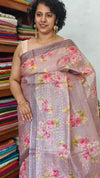 Dusty Rose Mauve Floral Printed Tussar Silk Saree - HSN4