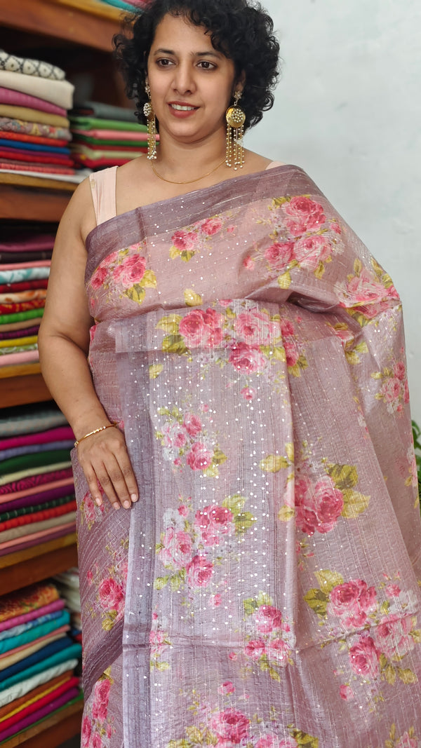 Dusty Rose Mauve Floral Printed Tussar Silk Saree - HSN4