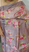 Dusty Rose Mauve Floral Printed Tussar Silk Saree - HSN4