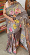 Smoky Slate Grey Floral Printed Tussar Silk Saree - HSN4
