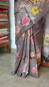Smoky Slate Grey Floral Printed Tussar Silk Saree - HSN4
