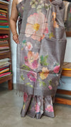 Smoky Slate Grey Floral Printed Tussar Silk Saree - HSN4
