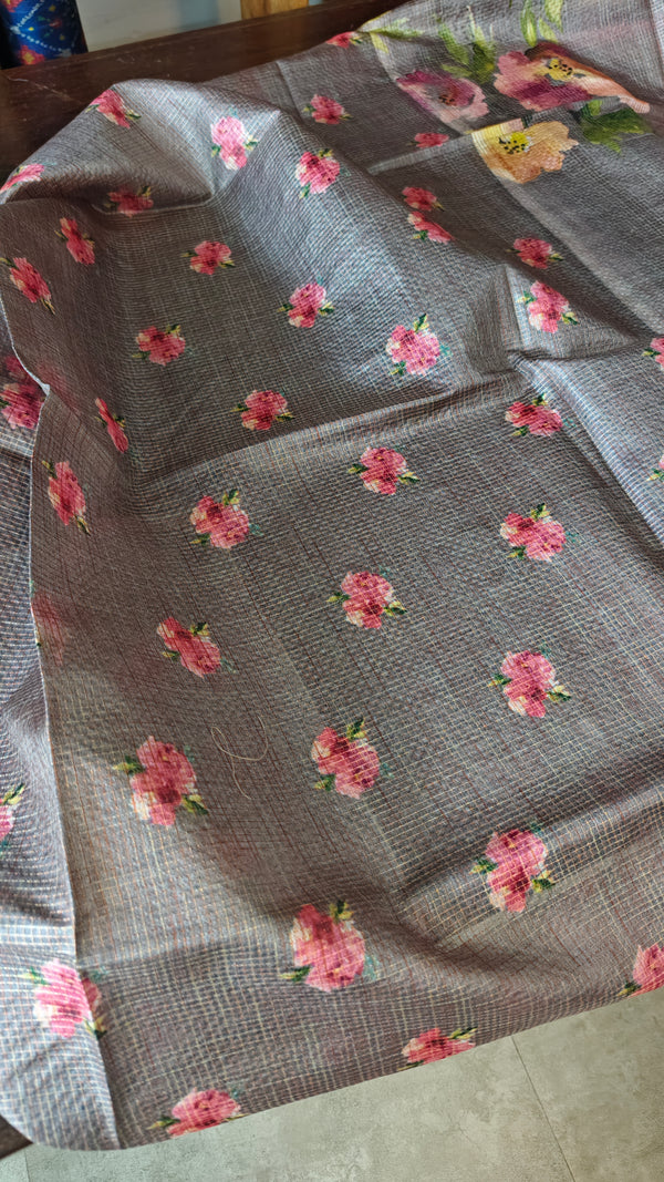 Smoky Slate Grey Floral Printed Tussar Silk Saree - HSN4