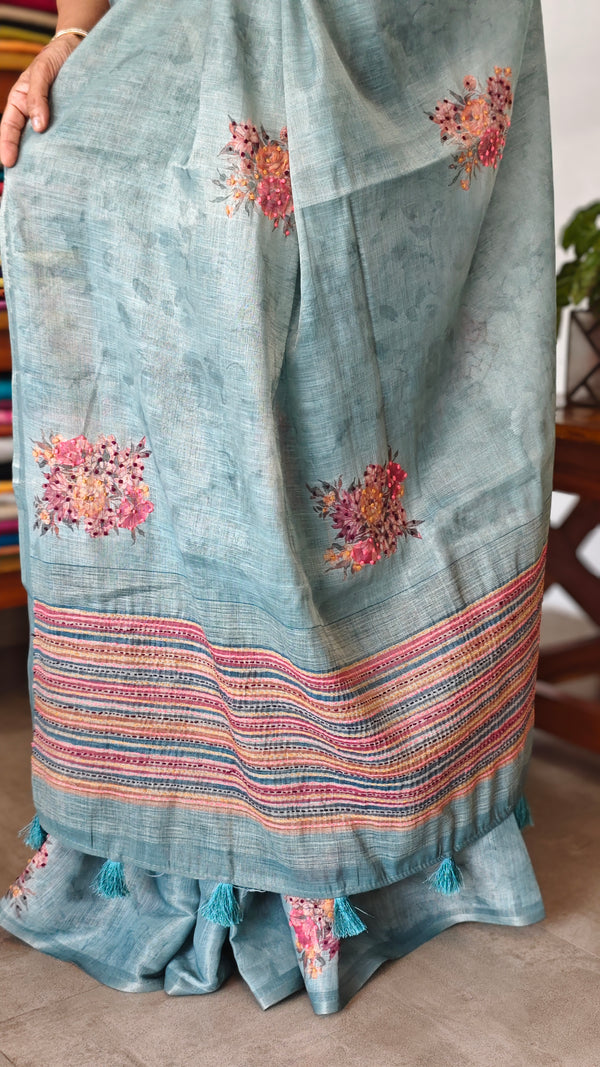 Aqua Blue Linen Tissue Saree with Hand Embroidery - JZ87