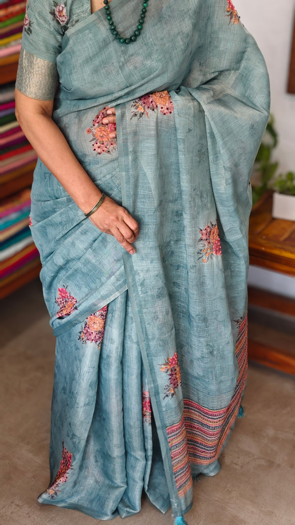 Aqua Blue Linen Tissue Saree with Hand Embroidery - JZ87