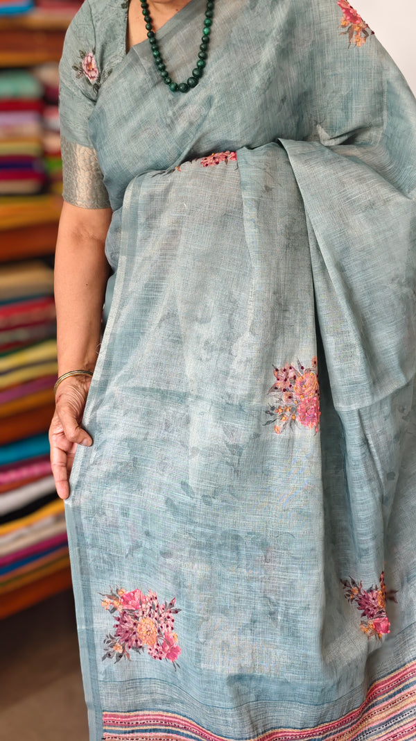 Aqua Blue Linen Tissue Saree with Hand Embroidery - JZ87