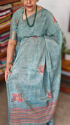 Aqua Blue Linen Tissue Saree with Hand Embroidery - JZ87