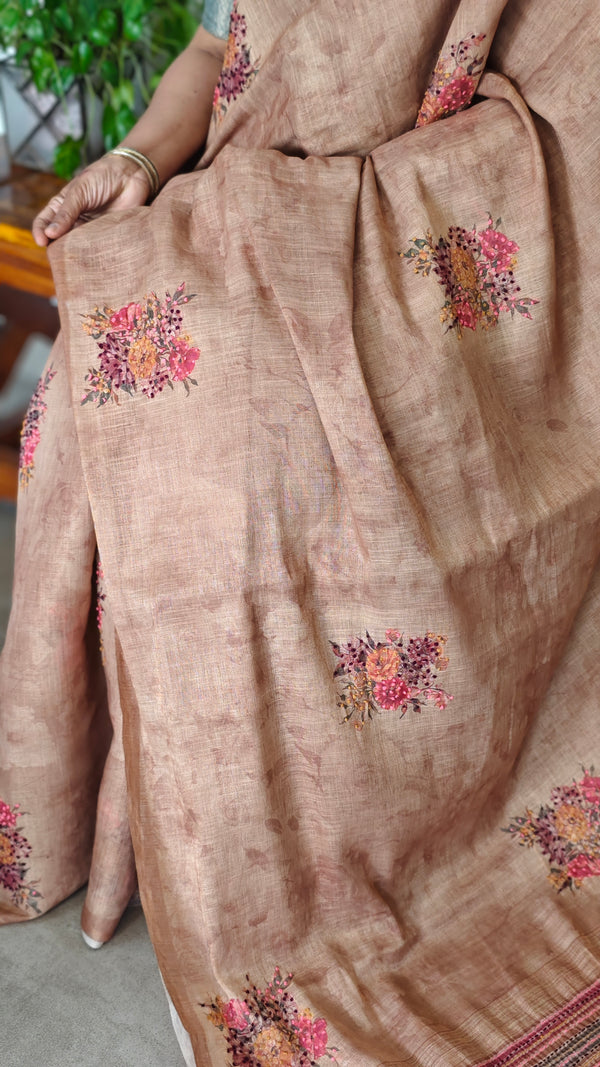 Golden Brown Linen Tissue Saree with Hand Embroidery - JZ87