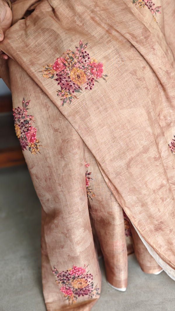 Golden Brown Linen Tissue Saree with Hand Embroidery - JZ87