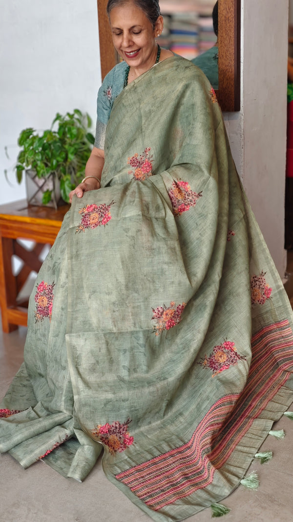 Fern Green Linen Tissue Saree with Hand Embroidery - JZ87