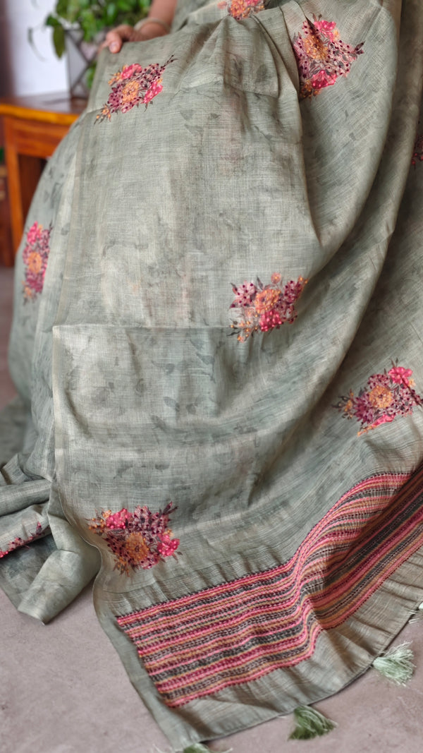 Fern Green Linen Tissue Saree with Hand Embroidery - JZ87