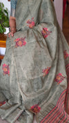 Fern Green Linen Tissue Saree with Hand Embroidery - JZ87