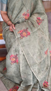 Fern Green Linen Tissue Saree with Hand Embroidery - JZ87