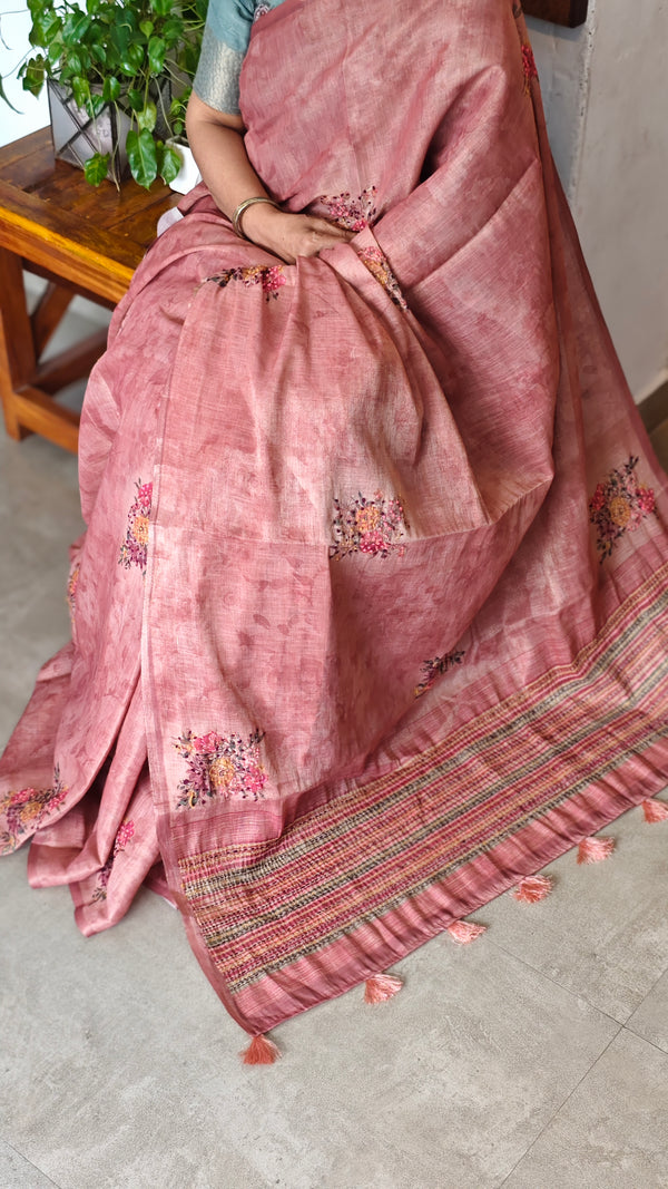 Dark Peach Linen Tissue Saree with Hand Embroidery - JZ87