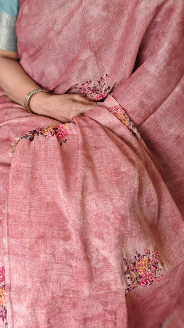 Dark Peach Linen Tissue Saree with Hand Embroidery - JZ87