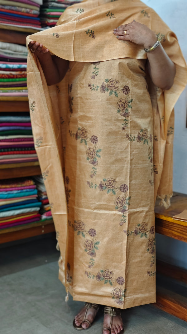 Mustard Brown Semi Tussar Suit with Cross Stitch Embroidery - MTV6
