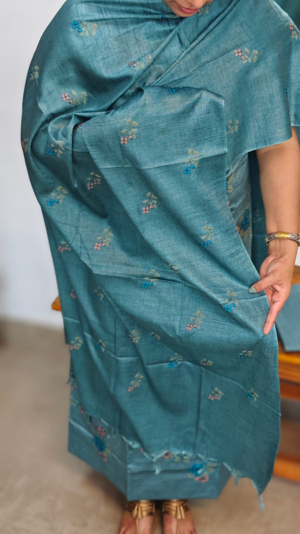 Teal Blue Semi Tussar Suit with Cross Stich Embroidery - MTV6