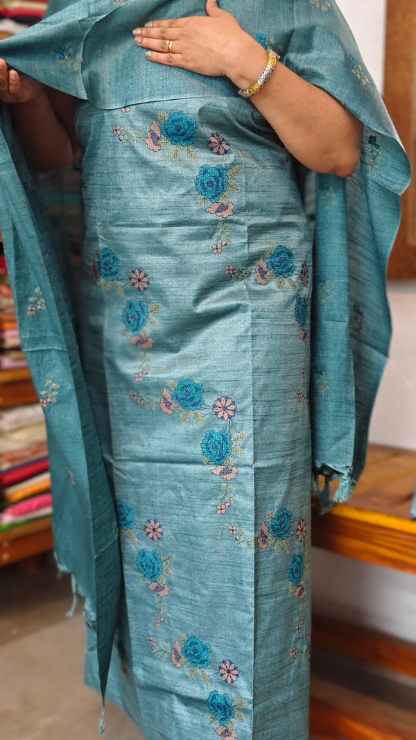 Teal Blue Semi Tussar Suit with Cross Stich Embroidery - MTV6